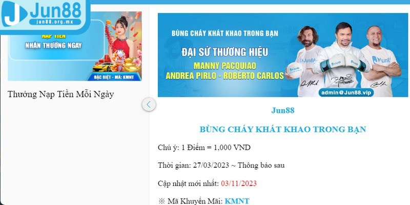 Cơ hội nhận khuyến mãi JUN88 thưởng 3,5% trên tổng số tiền nạp mỗi ngày 